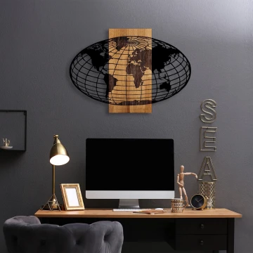 Nástěnná dekorace 87x58 cm zeměkoule dřevo/kov