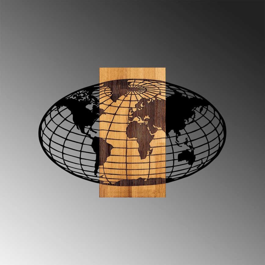 Nástěnná dekorace 87x58 cm zeměkoule dřevo/kov