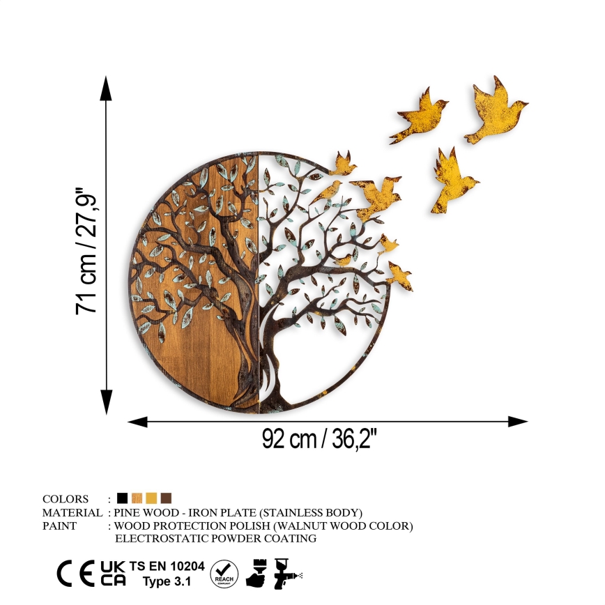 Nástěnná dekorace 92x71 cm strom a ptáci dřevo/kov