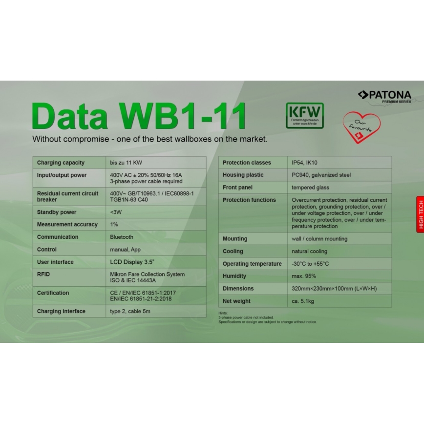 PATONA - Nabíjecí stanice s LCD displejem pro elektromobily 11kW/400V/16A IP54