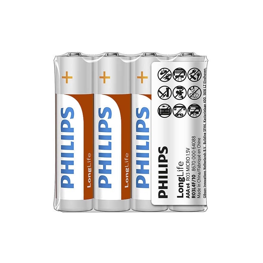 Philips R03L4F/10 - 4 ks Zinkochloridová baterie AAA LONGLIFE 1,5V 450mAh