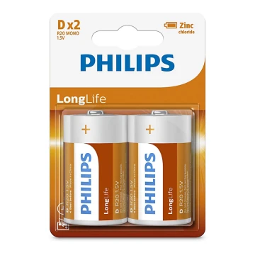 Philips R20L2B/10 - 2 ks Zinkochloridová baterie D LONGLIFE 1,5V 5000mAh