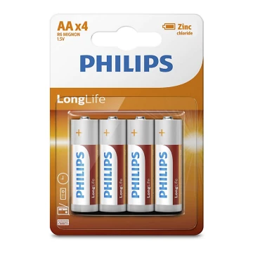 Philips R6L4B/10 - 4 ks Zinkochloridová baterie AA LONGLIFE 1,5V 900mAh