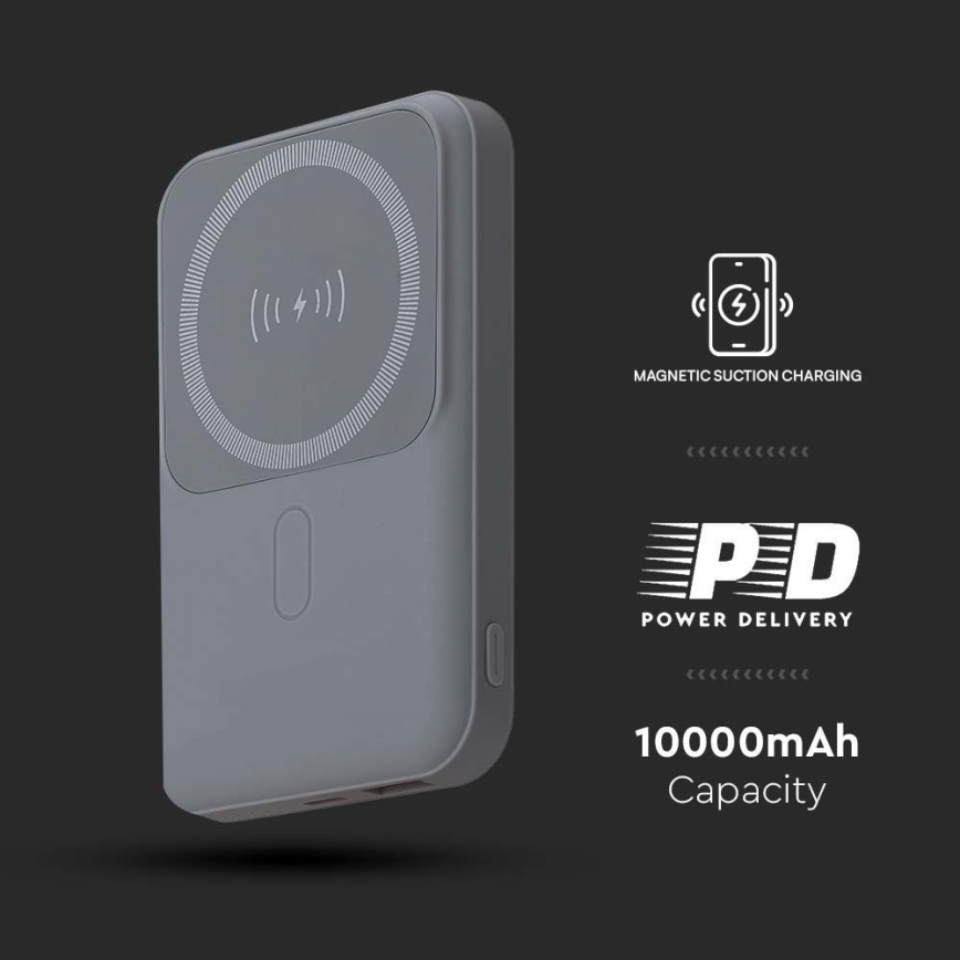 Power Bank magnetická s bezdrátovým nabíjením Power Delivery 10 000mAh/20W/3,7V šedá