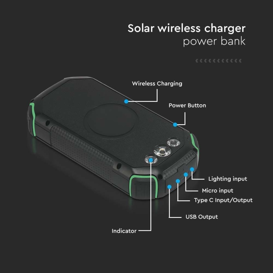 Power Bank solární se svítilnou Power Delivery 30000mAh/20W/5V černá