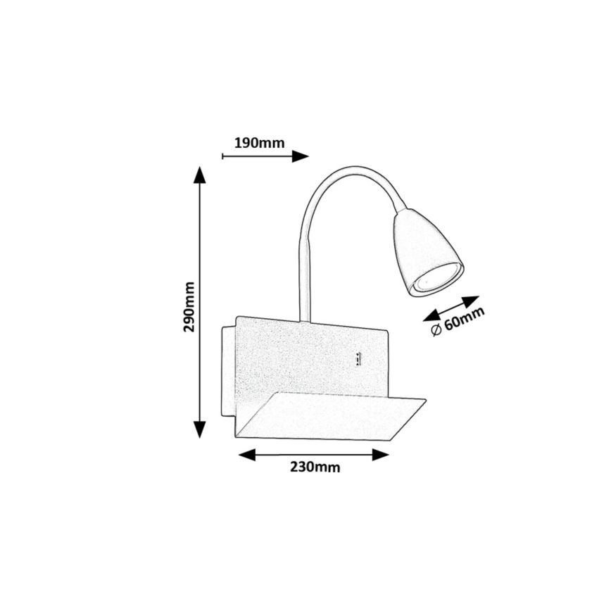 Rabalux - Nástěnná lampa s poličkou a USB portem 1xGU10/25W/230V černá