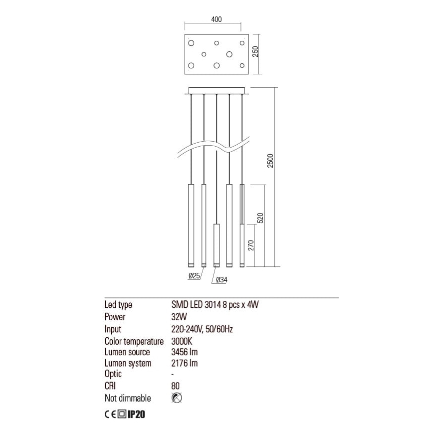 Redo 01-2047 - LED Lustr na lanku MADISON 8xLED/4W/230V měď