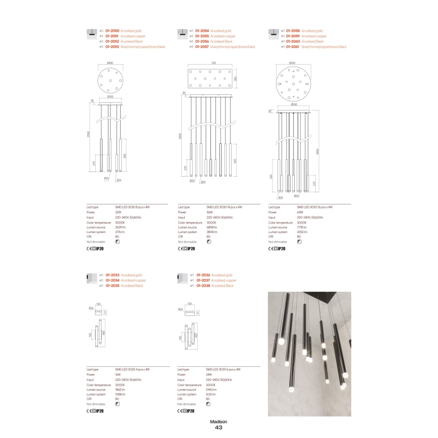 Redo 01-2049 - LED Lustr na lanku MADISON 8xLED/4W/230V lesklý chrom/černá/měď