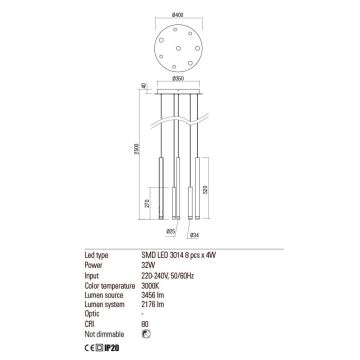 Redo 01-2050 - LED Lustr na lanku MADISON 8xLED/4W/230V zlatá