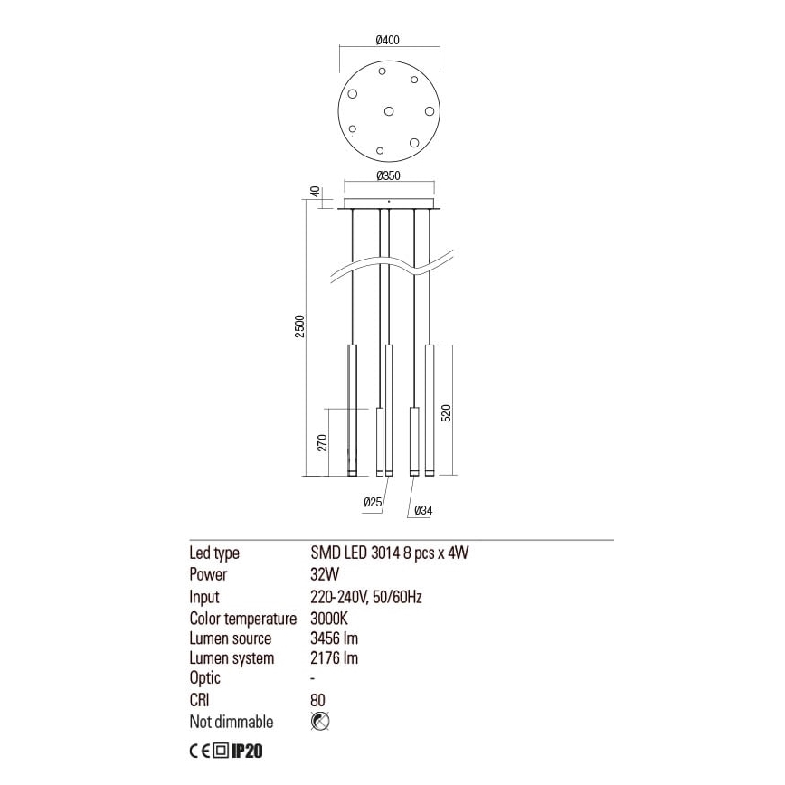 Redo 01-2050 - LED Lustr na lanku MADISON 8xLED/4W/230V zlatá