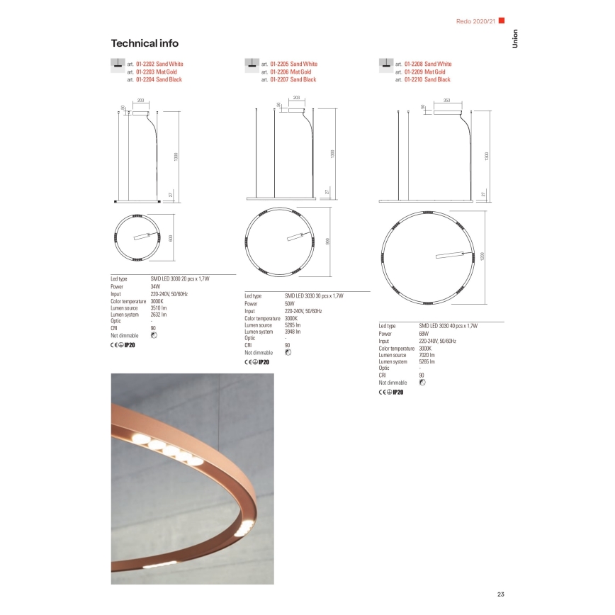 Redo 01-2204 - LED Lustr na lanku UNION LED/34W/230V 3000K pr. 60 cm černá