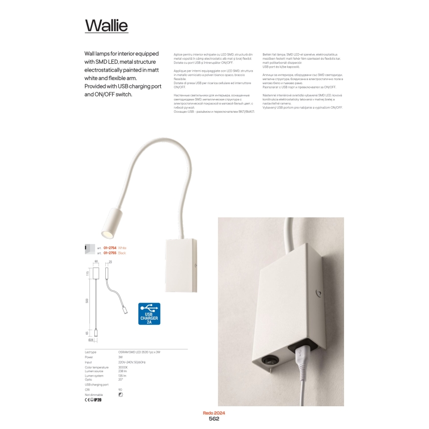 Redo 01-2754 - LED Nástěnná lampa WALLIE LED/3W/230V USB CRI 90 bílá