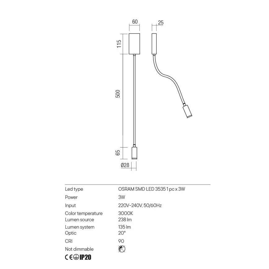 Redo 01-2755 - LED Nástěnná lampa WALLIE LED/3W/230V USB CRI 90 černá