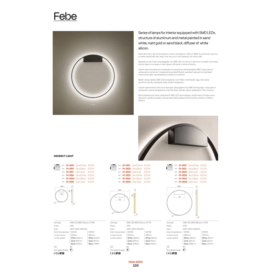 Redo 01-2835 - LED Stmívatelné nástěnné svítidlo FEBE LED/24W/230V zlatá