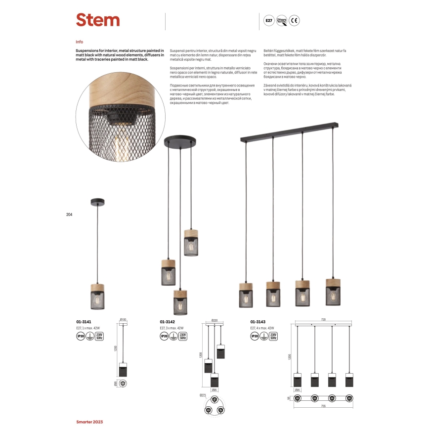 Redo 01-3141 - Lustr na lanku STEM 1xE27/42W/230V