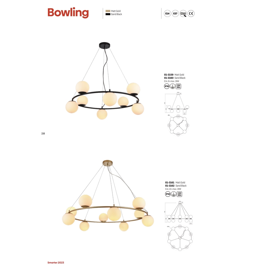 Redo 01-3157 - Lustr na lanku BOWLING 6xE14/28W/230V zlatá