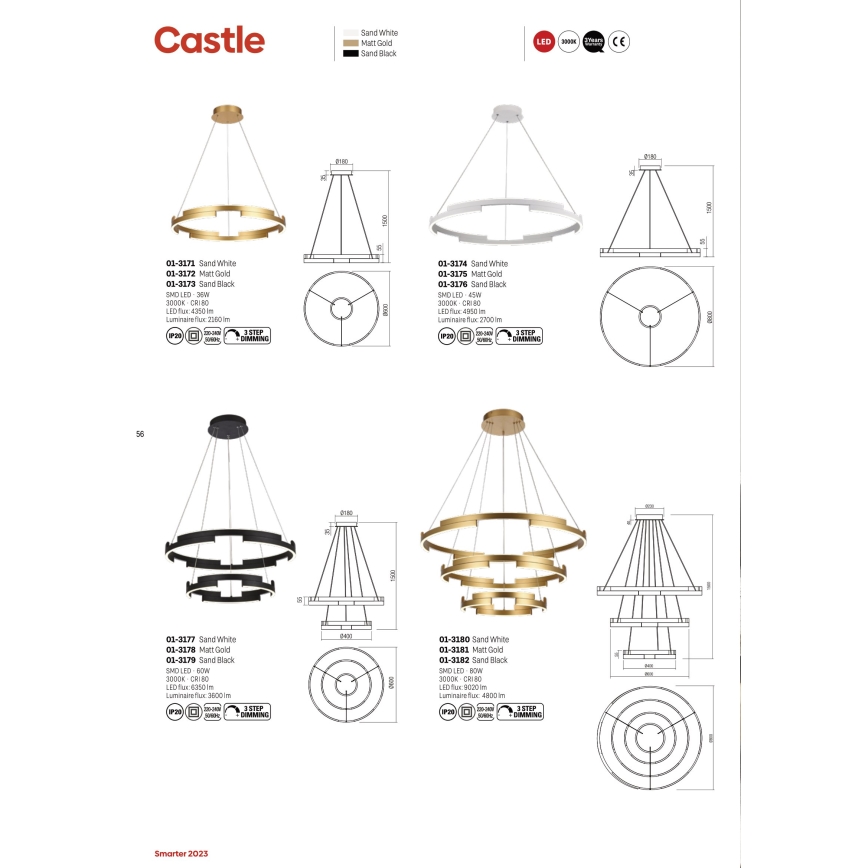 Redo 01-3182 - LED Stmívatelný lustr na lanku CASTLE LED/80W/230V černá