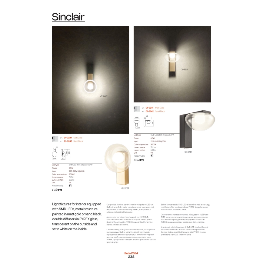 Redo 01-3240 - LED Nástěnné svítidlo SINCLAIR LED/6,5W/230V CRI 93 IP21 černá