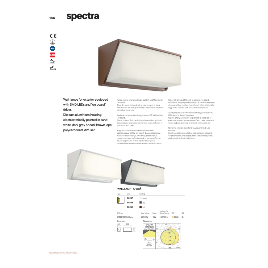 Redo 90238 - LED Venkovní nástěnné svítidlo SPECTRA LED/17W/230V IP54 šedá