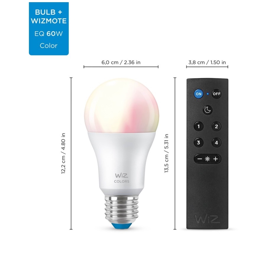 SADA 2x LED RGBW Stmívatelná žárovka A60 E27/8,5W/230V 2200-6500K Wi-Fi + dálkové ovládání - WiZ