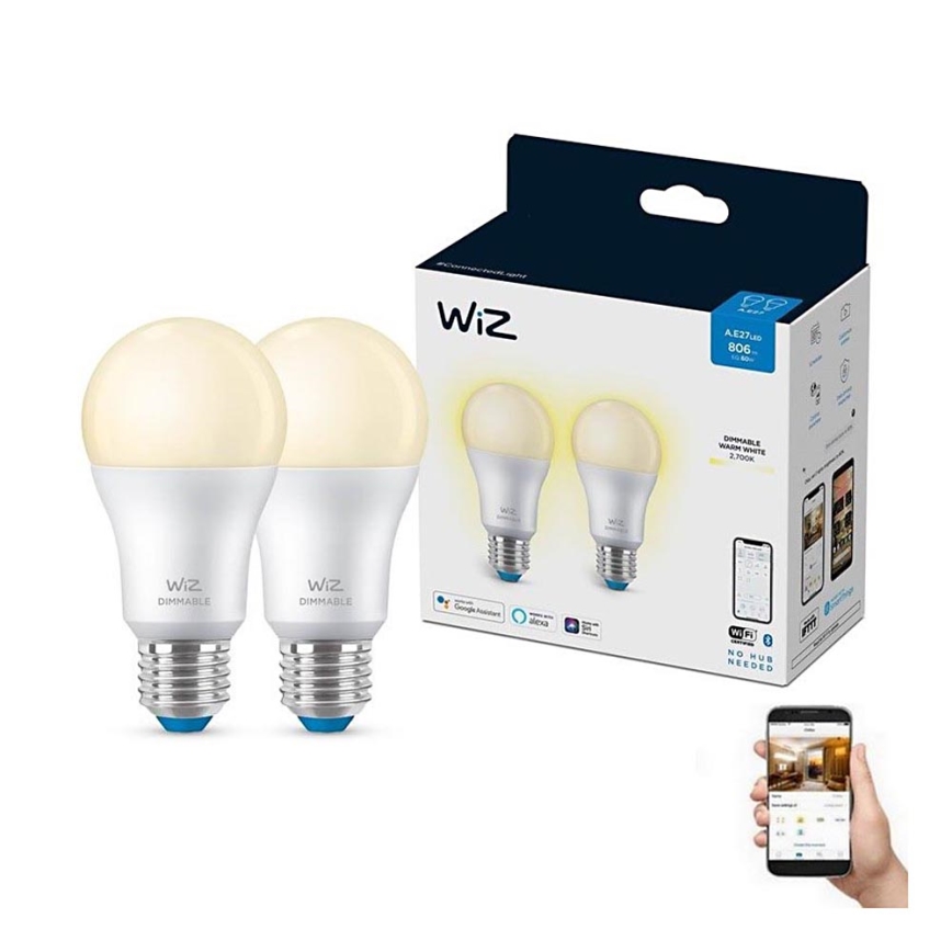 SADA 2x LED Stmívatelná žárovka A60 E27/8W/230V 2700K CRI 90 Wi-Fi - WiZ