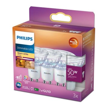 SADA 3x LED Stmívatelná žárovka Philips Warm Glow GU10/3,8W/230V 2200-2700K CRI 90