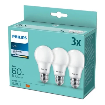 SADA 3x LED Žárovka Philips A60 E27/8W/230V 4000K