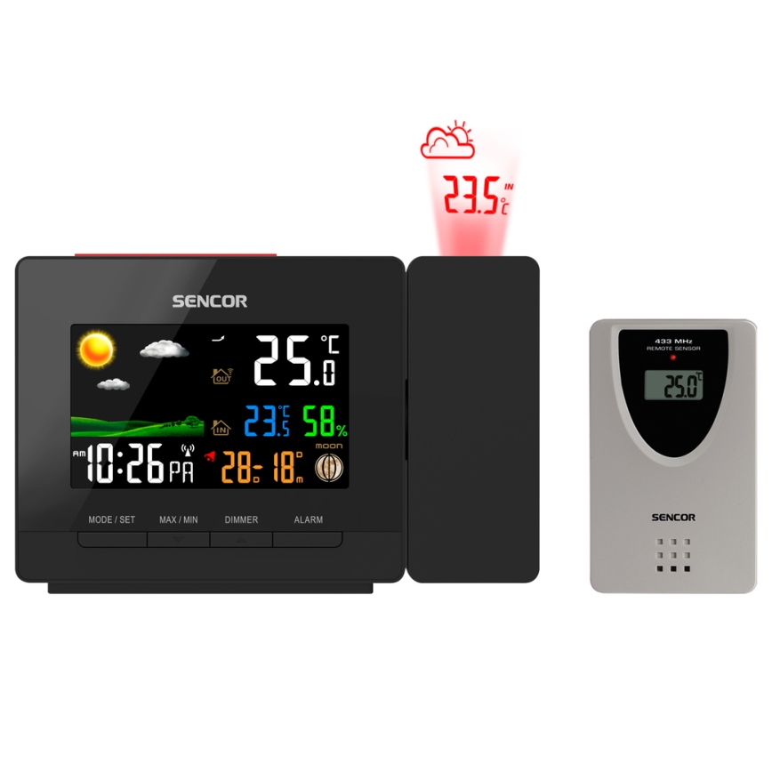 Sencor - Meteostanice s barevným LCD displejem, budíkem a projektorem 2xAA