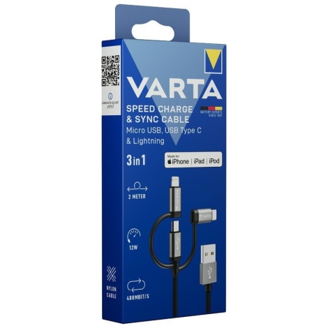 Varta 57937101111 - USB kabel 3v1 s konektorem Lightning a Micro USB 2m